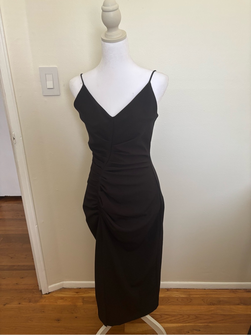 Zara Black Ruched Spaghetti-Strap Midi Dress